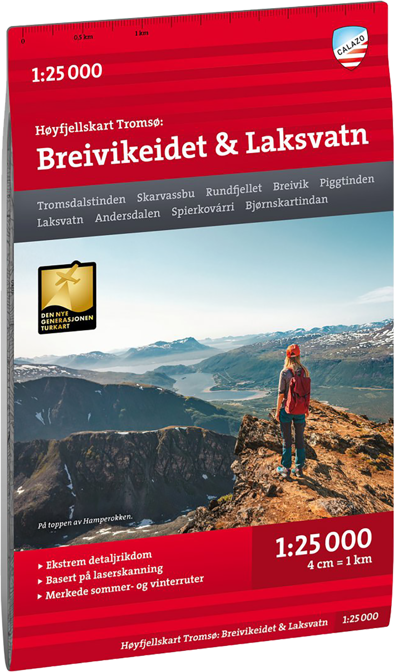 Høyfjellskart Tromsø: Breivikeidet Laksvatn 1:25.000 Nocolour