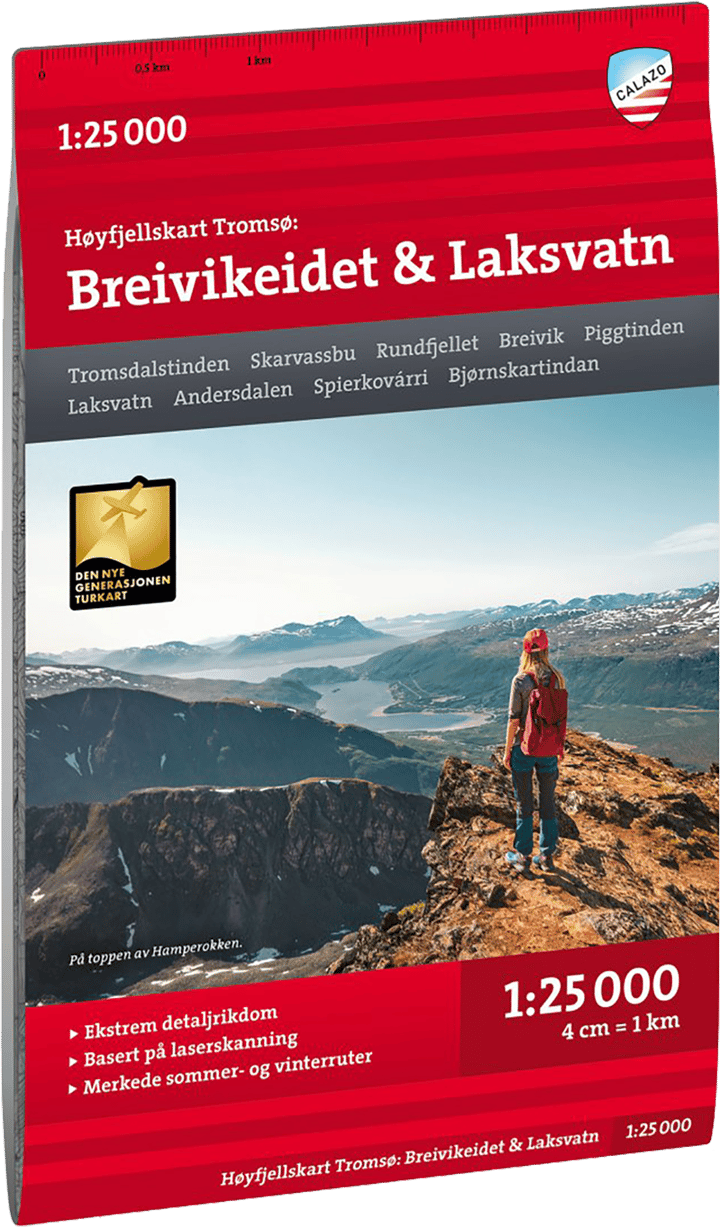 Høyfjellskart Tromsø: Breivikeidet Laksvatn 1:25.000 Nocolour Calazo förlag