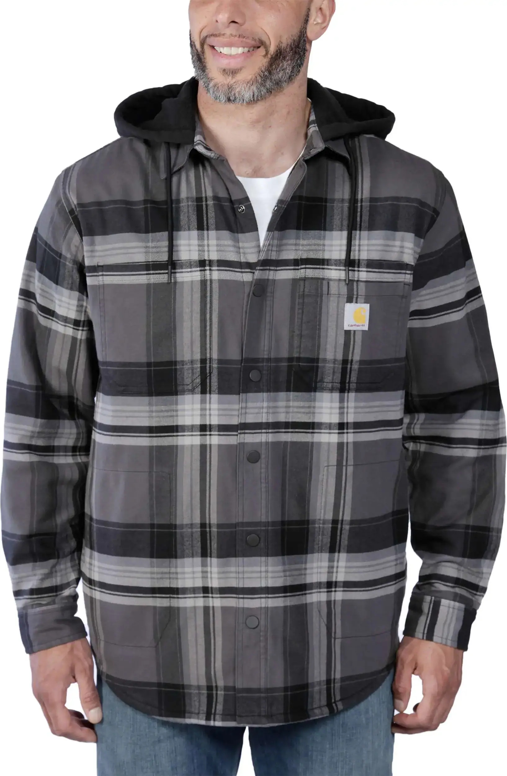 Carhartt Men's Flannel Fleece Lined Hooded Shirt Jacket Black L, Black