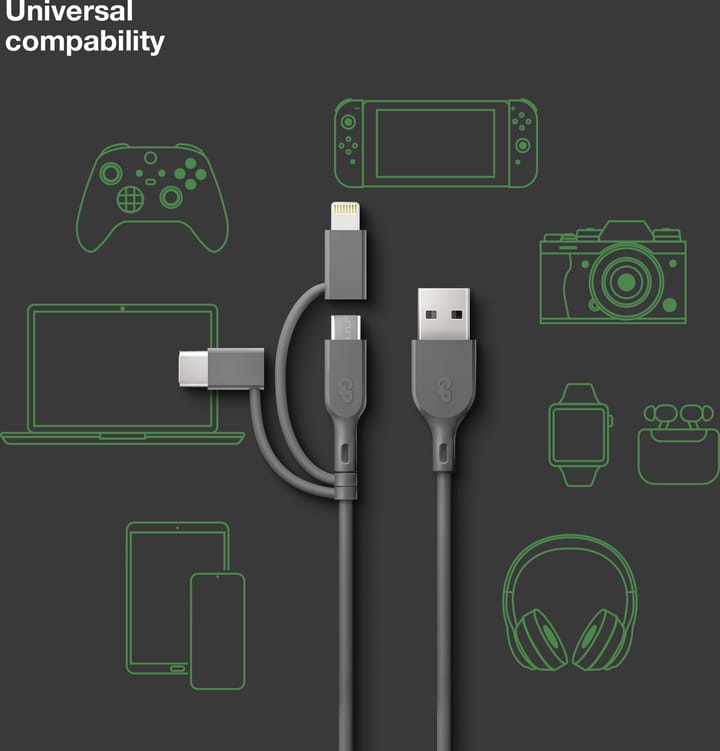 GP Batterier GP Essential Cable 3-in-1 USB-A To MicroUSB +USB-C + Lightning 1m Grey GP Batterier