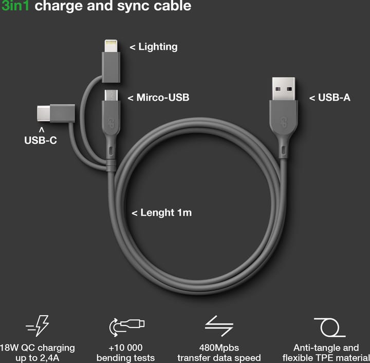 GP Batterier GP Essential Cable 3-in-1 USB-A To MicroUSB +USB-C + Lightning 1m Nocolour GP Batterier