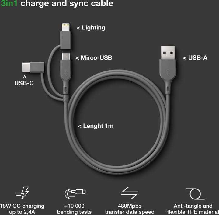 GP Batterier GP Essential Cable 3-in-1 USB-A To MicroUSB +USB-C + Lightning 1m Grey GP Batterier GP Batterier GP Essential Cable 3-in-1 USB-A To MicroUSB +USB-C + Lightning 1m Grey GP Batterier