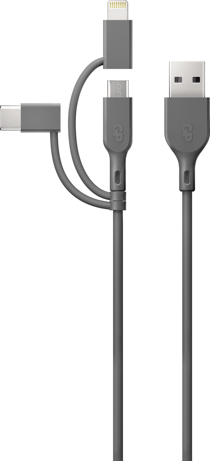 GP Batterier GP Essential Cable 3-in-1 USB-A To MicroUSB +USB-C + Lightning 1m Grey GP Batterier GP Batterier GP Essential Cable 3-in-1 USB-A To MicroUSB +USB-C + Lightning 1m Grey GP Batterier