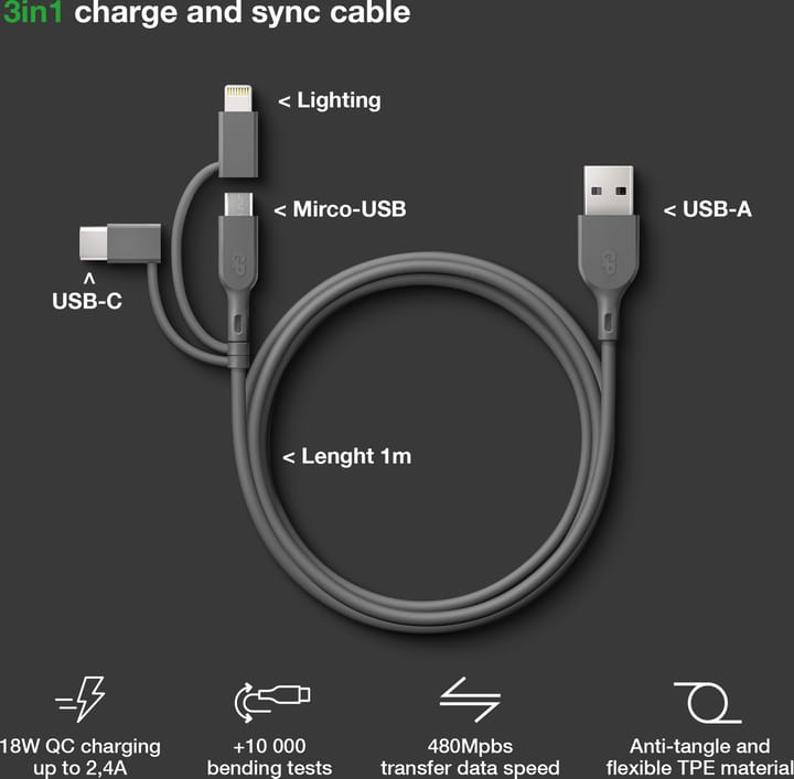 GP Batterier GP Essential Cable 3-in-1 USB-A To MicroUSB +USB-C + Lightning 1m Grey GP Batterier
