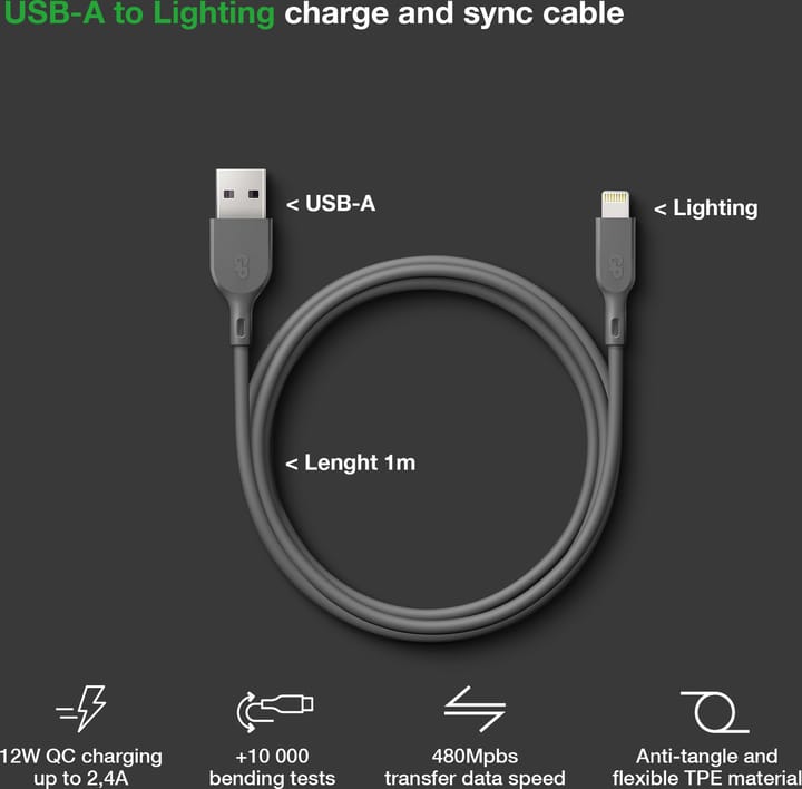 GP Batterier GP Essential Cable USB-A To Lightning 1m Grey GP Batterier GP Batterier GP Essential Cable USB-A To Lightning 1m Grey GP Batterier