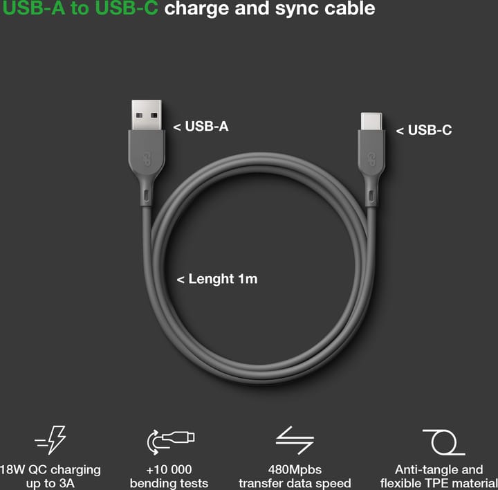 GP Batterier GP Essential Cable USB-A To USB-C 1m Grey GP Batterier
