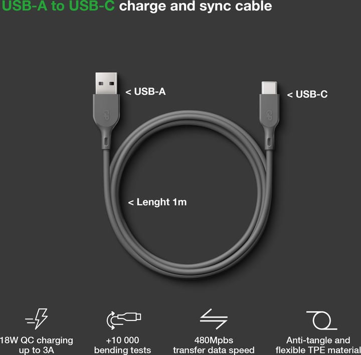 GP Batterier GP Essential Cable USB-A To USB-C 1m Grey GP Batterier GP Batterier GP Essential Cable USB-A To USB-C 1m Grey GP Batterier