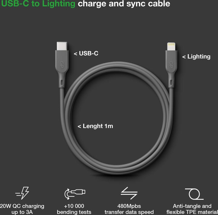 GP Batterier GP Essential Cable USB-C To Lightning 1m Grey GP Batterier