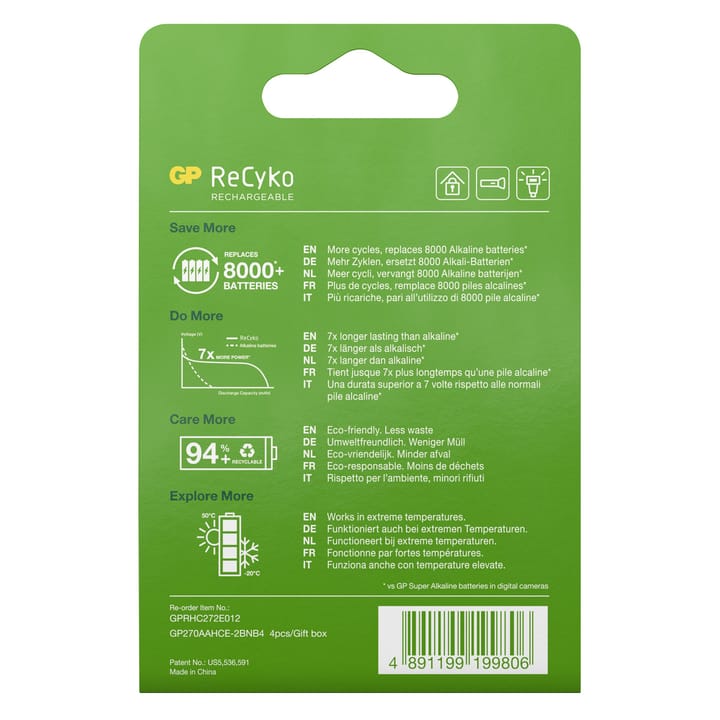 GP Batterier GP ReCyko AA-batteries 2600mAh 4-pack Green GP Batterier GP Batterier GP ReCyko AA-batteries 2600mAh 4-pack Green GP Batterier