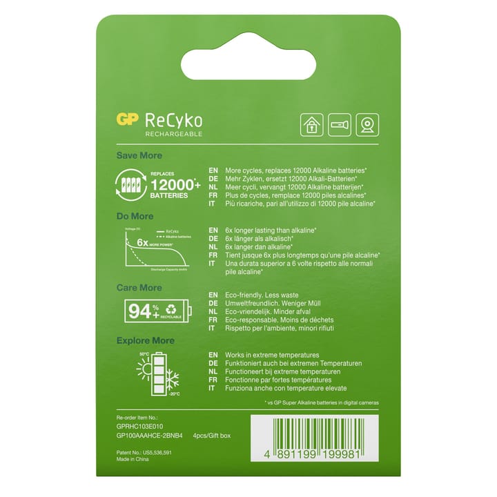 GP Batterier GP ReCyko AAA-batteries 950mAh 4-pack Green GP Batterier