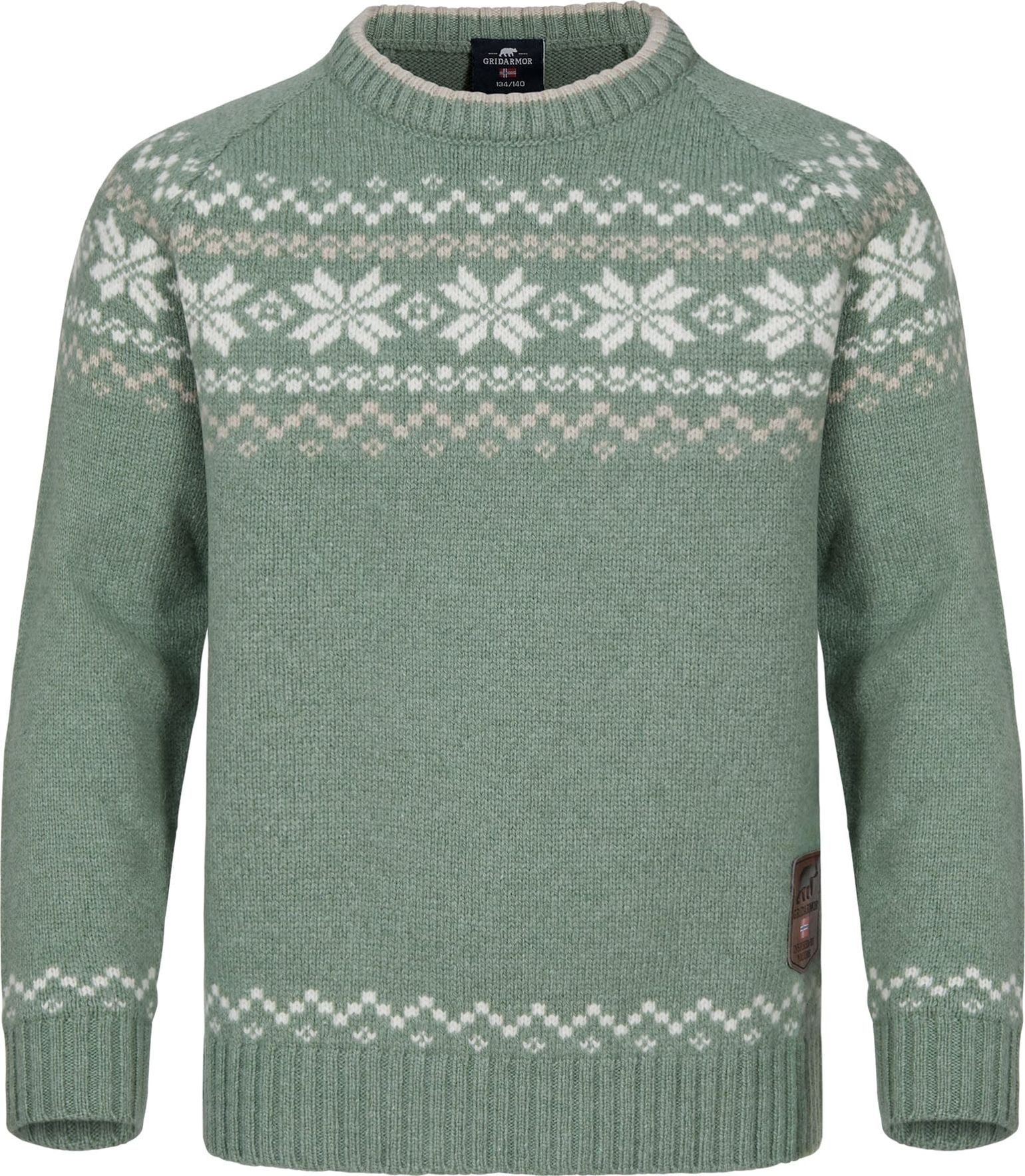Gridarmor Kids' Snøkrystall Round Neck Ullgenser Green/White/Beige