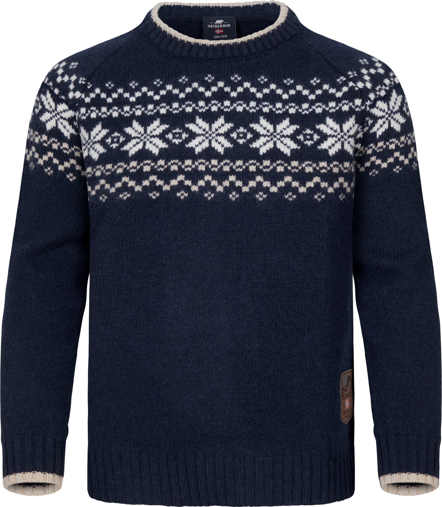 Gridarmor Kids' Snøkrystall Round Neck Ullgenser Navy/White/Beige Langermede trøyer 98/104