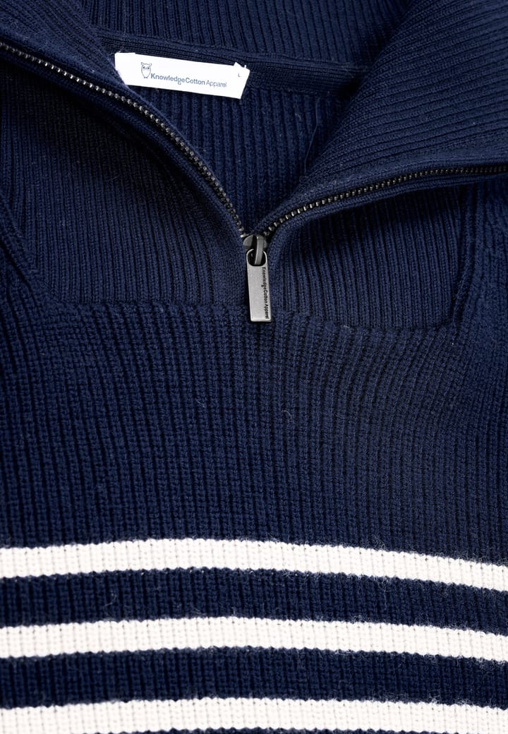 Knowledge Cotton Apparel Men's 1/2 Neck Zip Merino Wool Rib Knit Blue Stripe Knowledge Cotton Apparel Knowledge Cotton Apparel Men's 1/2 Neck Zip Merino Wool Rib Knit Blue Stripe Knowledge Cotton Apparel