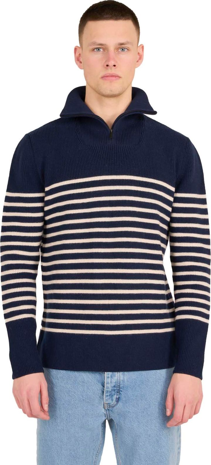 Knowledge Cotton Apparel Men's 1/2 Neck Zip Merino Wool Rib Knit Blue Stripe Knowledge Cotton Apparel Knowledge Cotton Apparel Men's 1/2 Neck Zip Merino Wool Rib Knit Blue Stripe Knowledge Cotton Apparel