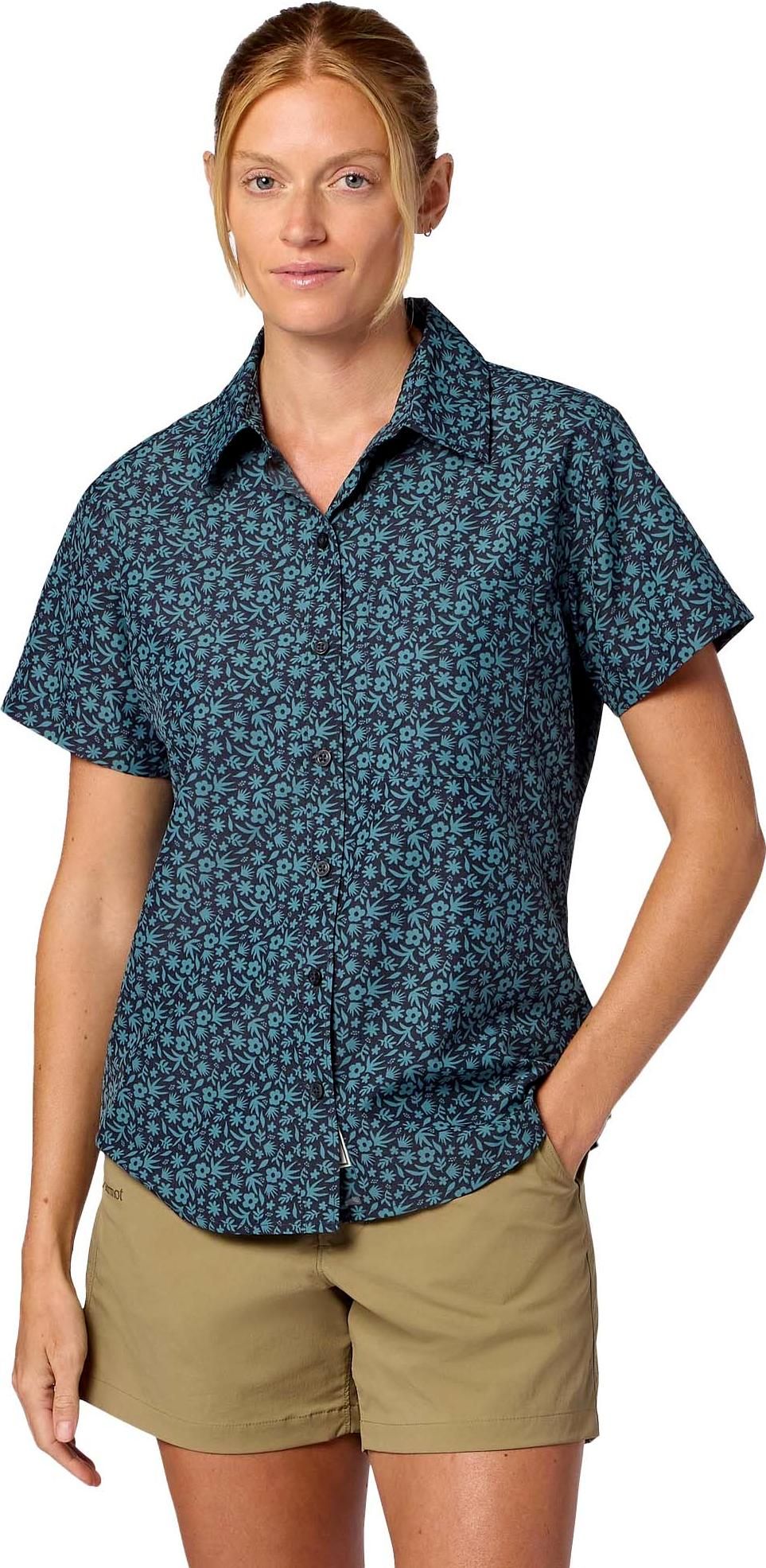 Marmot Women's Airexchange Upf 40 Novelty Short Sleeve Shirt Blackened Gardener Art