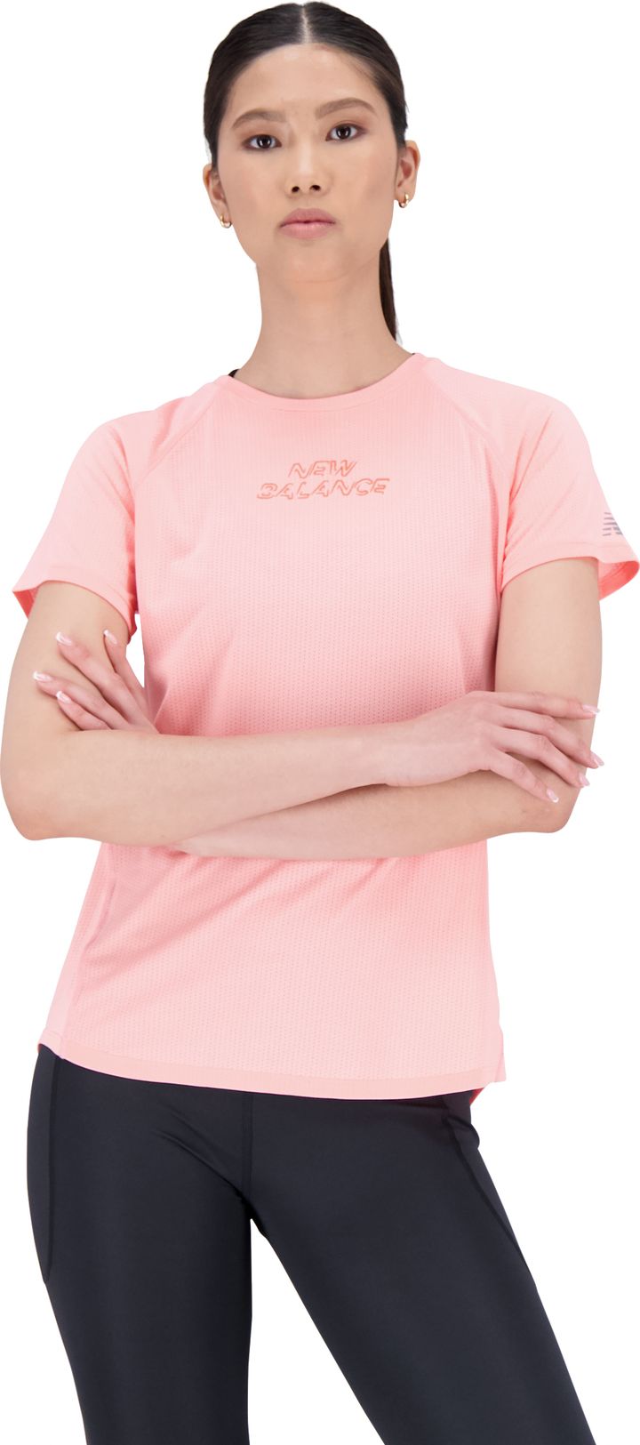 New Balance Women's United Airlines NYC Half Impact Run Graphic Short Sleeve Grapefruit Heather New Balance