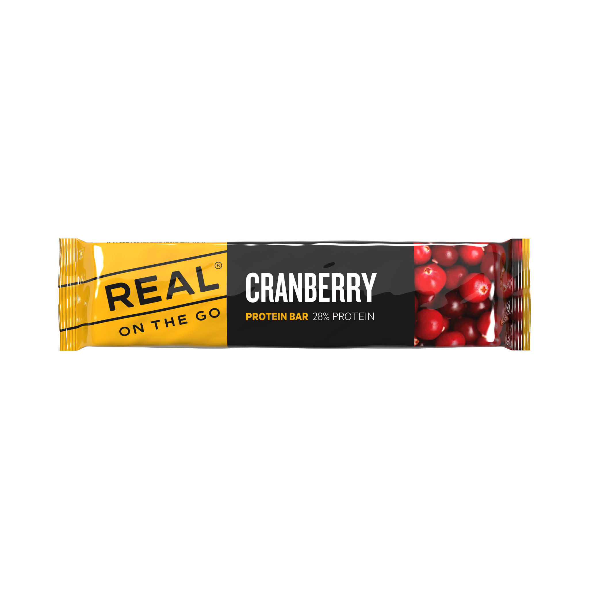 Real Turmat Protein Bar Cranberry Sort og gul