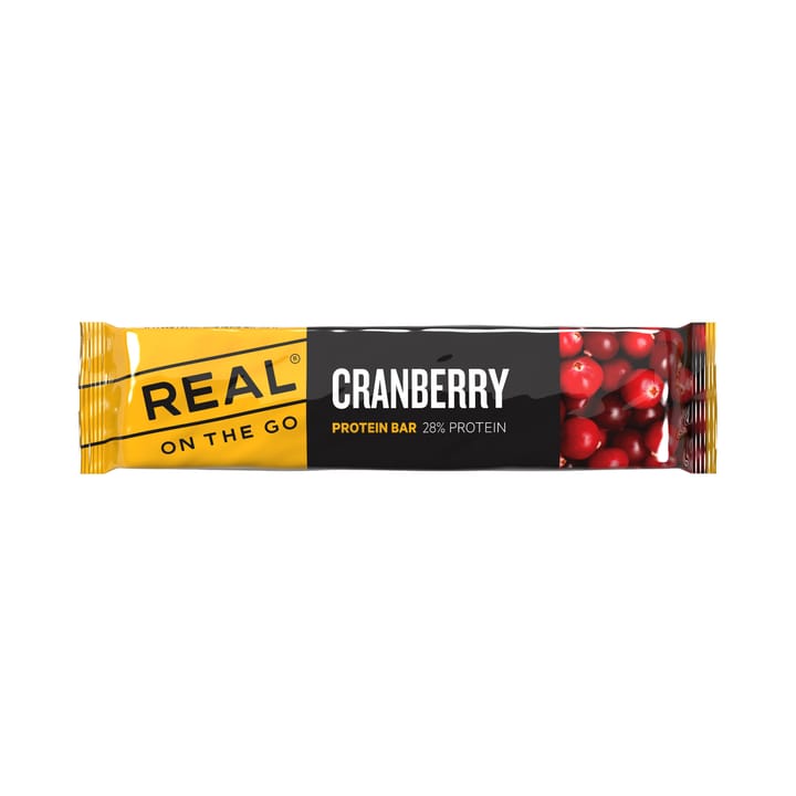 Real Turmat Protein Bar Cranberry Sort og gul Real Turmat