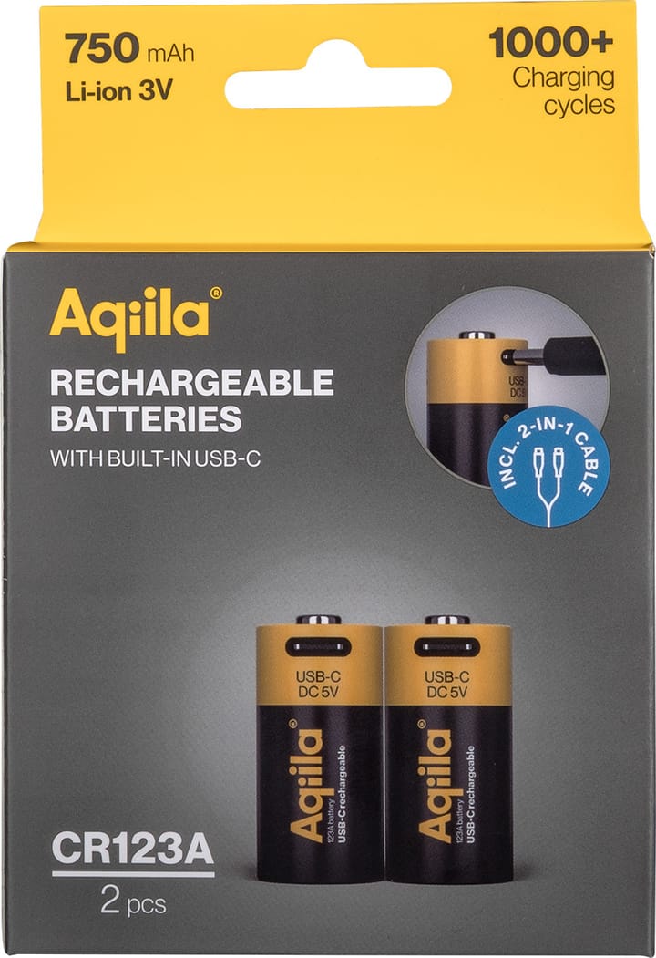 Aqiila USB-C Rechargeable CR123A Battery (3V / 750mAh) 2-pack Black Aqiila