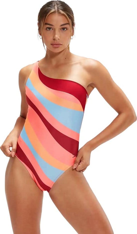 Speedo Women's Printed Asymmetric 1 Piece Oxblood/Coral Speedo