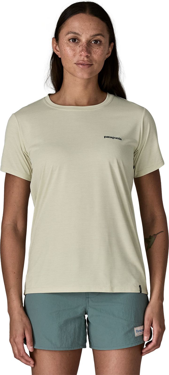 Patagonia Women's Capilene Cool Daily Shirt Boardshort Logo Dyno White Patagonia